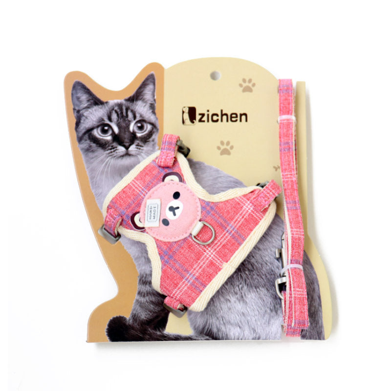 Stylish and Secure: Cartoon Bear Pattern Pet Cat Harness and Leash Set